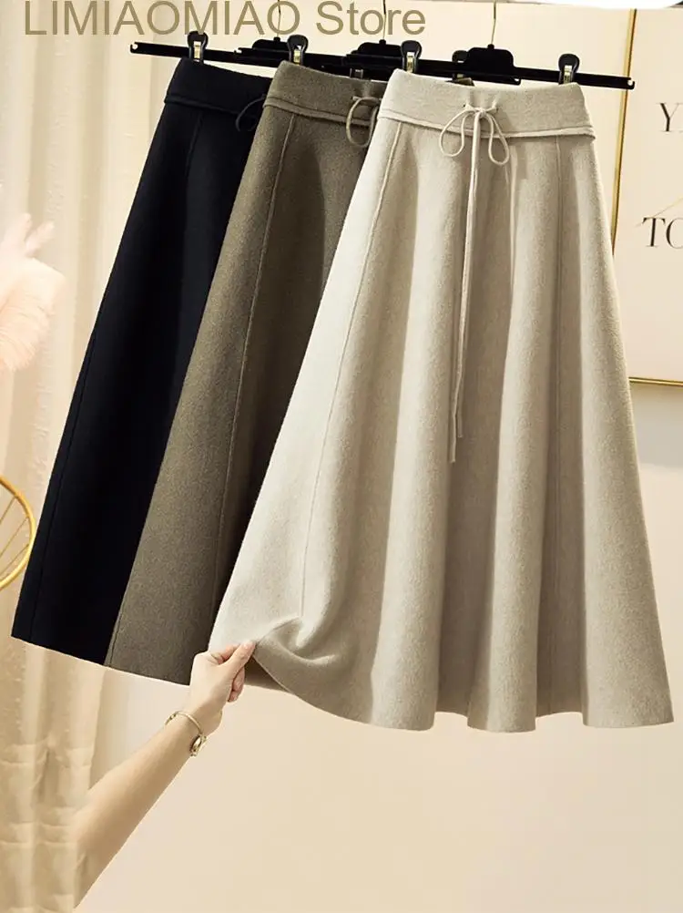 New Knitted Skirt Women's Autumn Winter Korean Version High-waisted Versatile  Slim Middle and Long A-line with Pleated