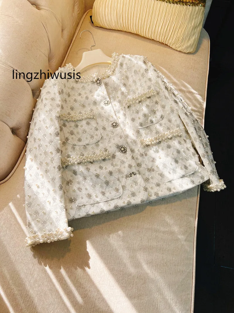 

lingzhiwusis French Design Elegant Top Quality Luxury Top Handmade Beading Ladies White Outerwear Female O-Neck Straight