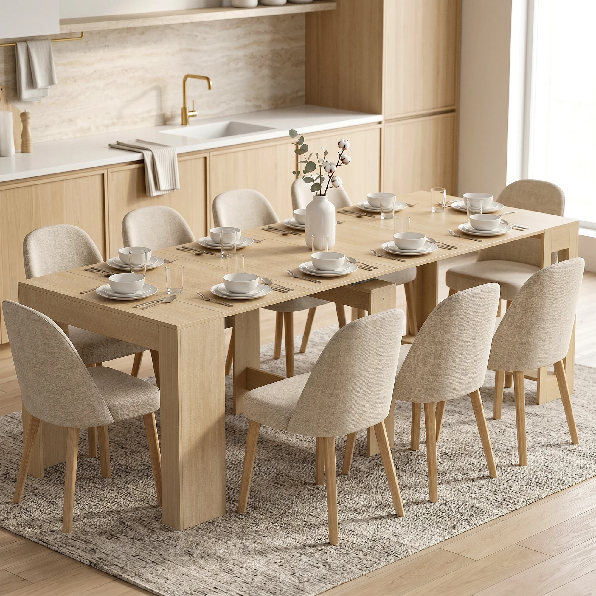 HOMCOM Esstisch Ausziehbar 48/96/144/192/240 x 90 cm Esszimmertisch Rechteckiger Küchentisch für bis zu 10 Personen, mit Holzoptik, 4 Erweiterungsplatten für Küche, Esszimmer, Hellbraun