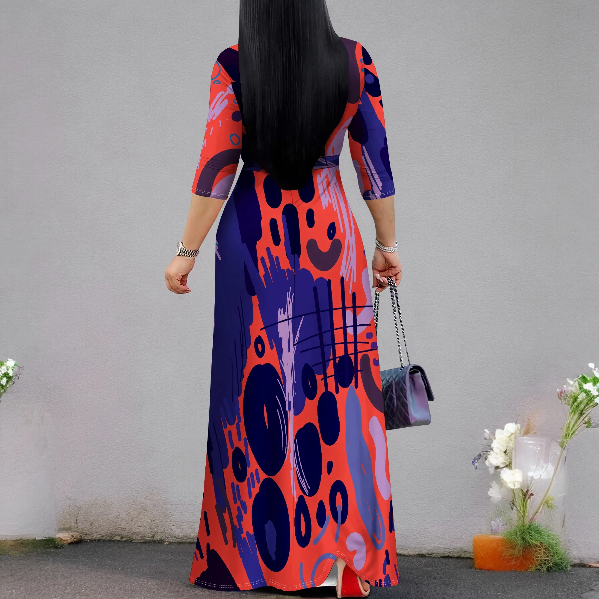 Abito lungo lungo casual a maniche corte estivo da donna Moda Boho stampato Abito da festa sexy diviso con tasche