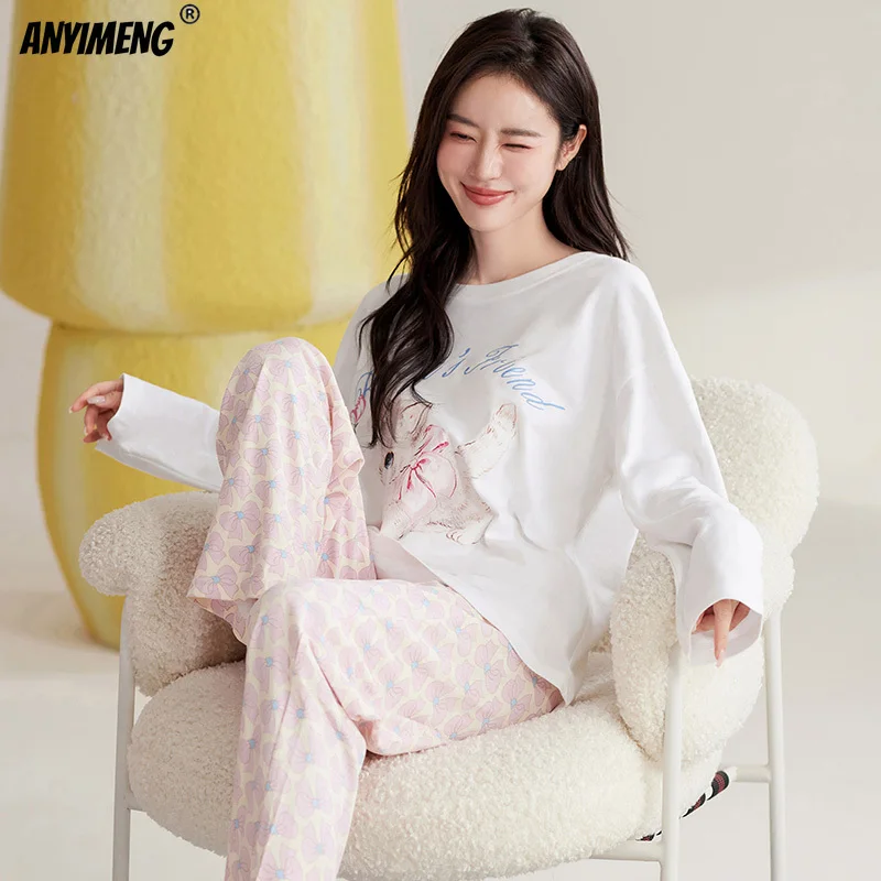 Cute Cartoon Loungewear Women Autumn Spring Woman Pajamas Set Pullover Long Sleeves Girl Nightwear Lady Homesuit Mujer Sleepwear