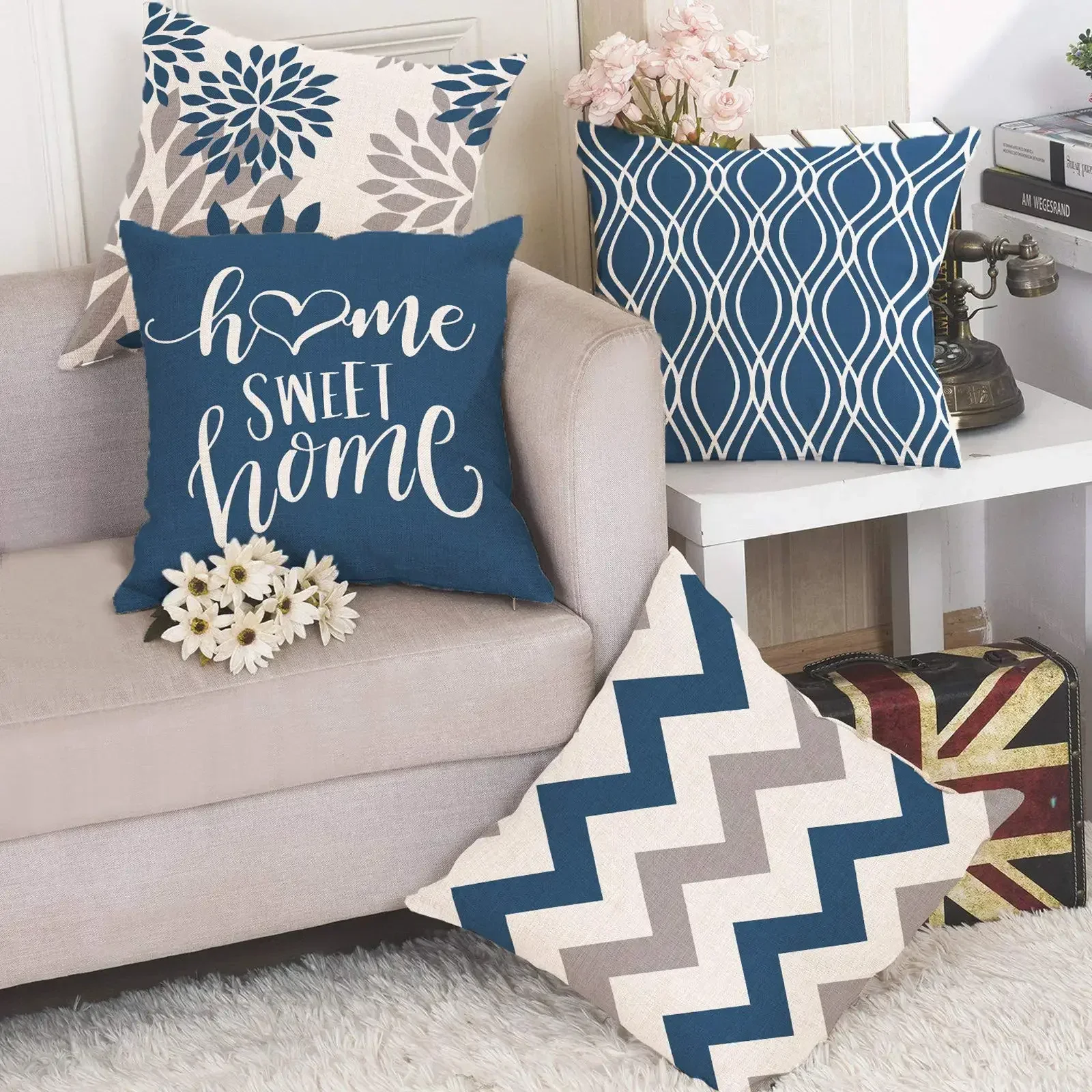 Blue and white geometric linen pillowcase sofa cushion cover home decoration can be customized for you 40x40 45x45 50x50