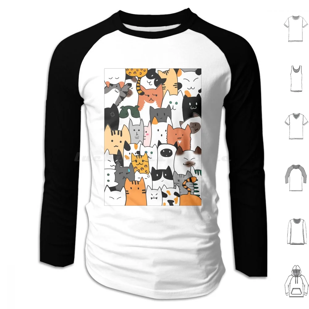 Meow Town Hoodie cotton Long Sleeve Cat Kitty Kitten Meow Doodle Cartoon Cat Cartoon Cat Lover Cat Slave Slave Mood Vibe Fluff