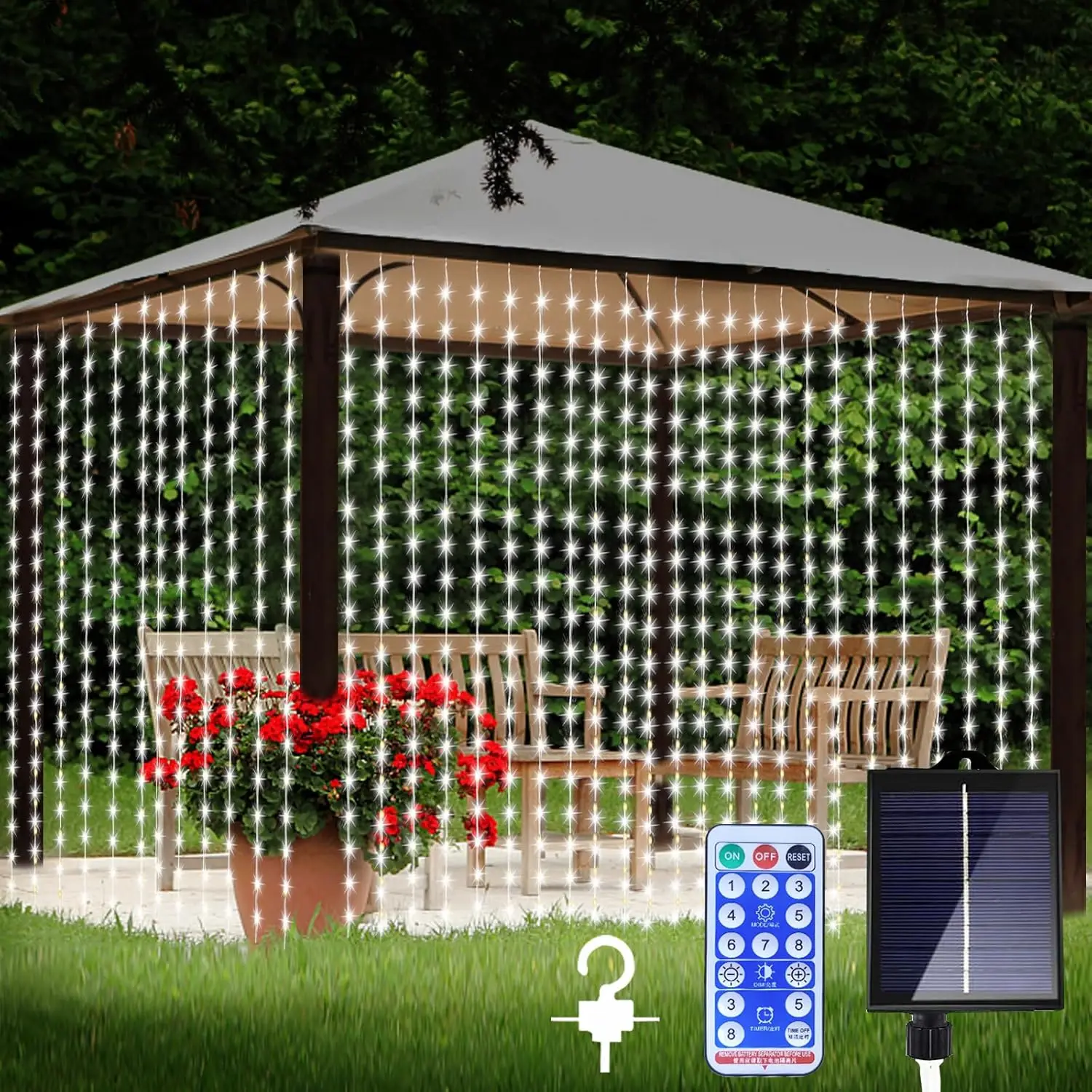 600 LED 8 Mode Solar Curtain Light Fairy Light IP65 Waterproof Copper Wire for Christmas Party Wedding Bedroom Garden Decoration