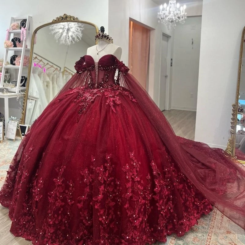 

Wine Red Off Shoulder Quinceanera Dresses Vestidos De 15 Anos Ball Gown Bow Beads Tull Sweet 16 Dress Birthday Party Pageant Mis