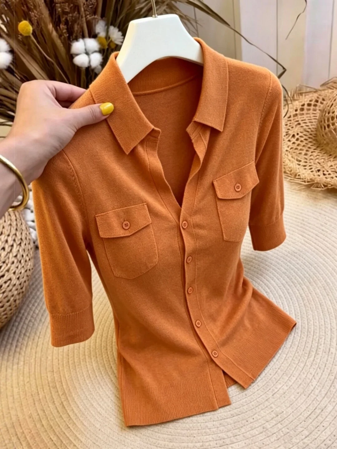 

Slim Fit Neck Knitted Cardigan Commute Fashion Women's Top Single Button Design Korean Style Silk Material Five Sleeve L...