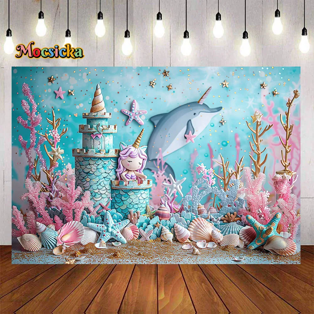 Фон для фотографирования девочек с изображением русалки на день рождения баннер синий подводный замок Морская ракушка Блестящий Декор Детская Фотостудия