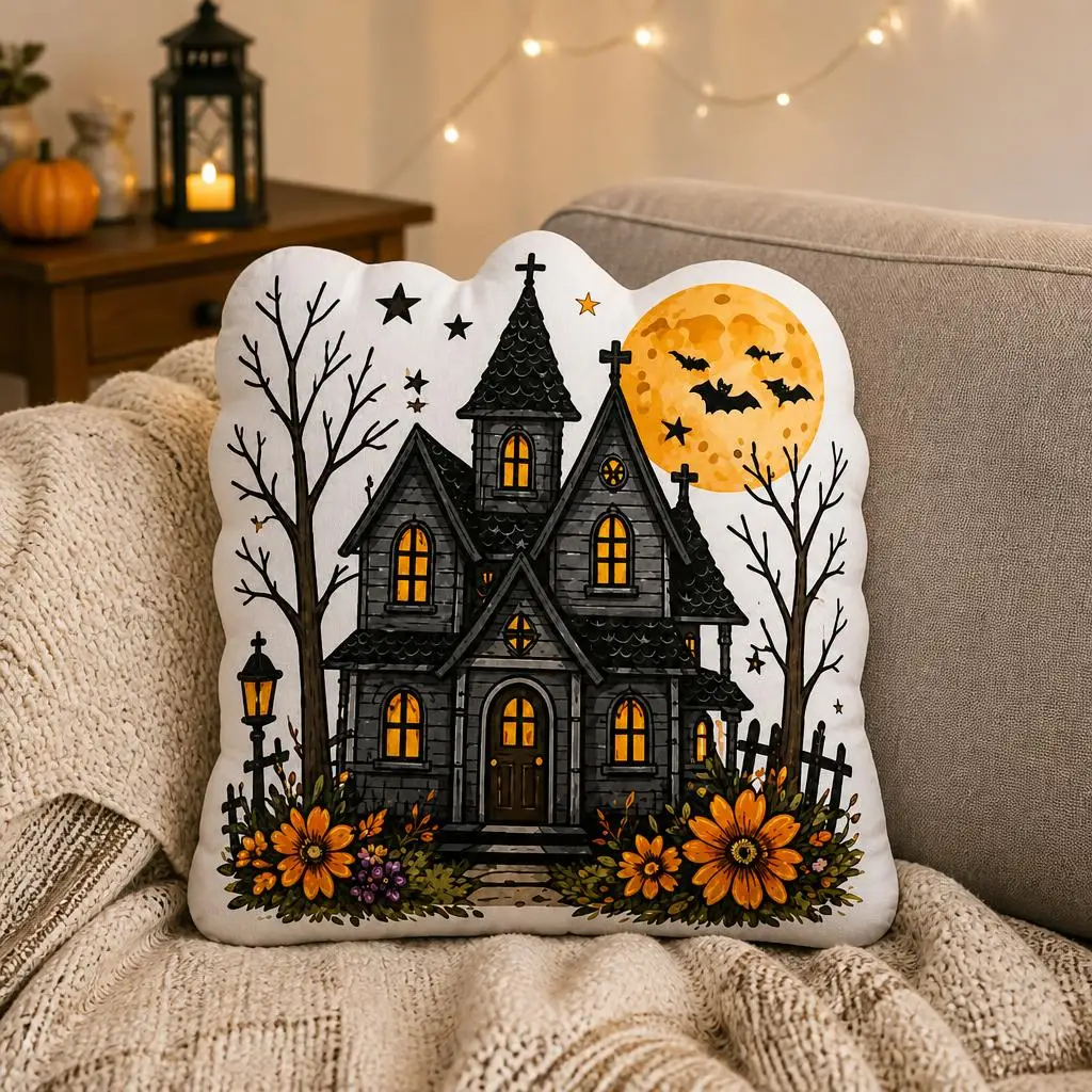 Halloween Haunted House Spooky Bats Full Moon Witchy Autumn Plush Pillow Cushion Stuffed Throw Pillow Home Decor Gift Sofa Bed