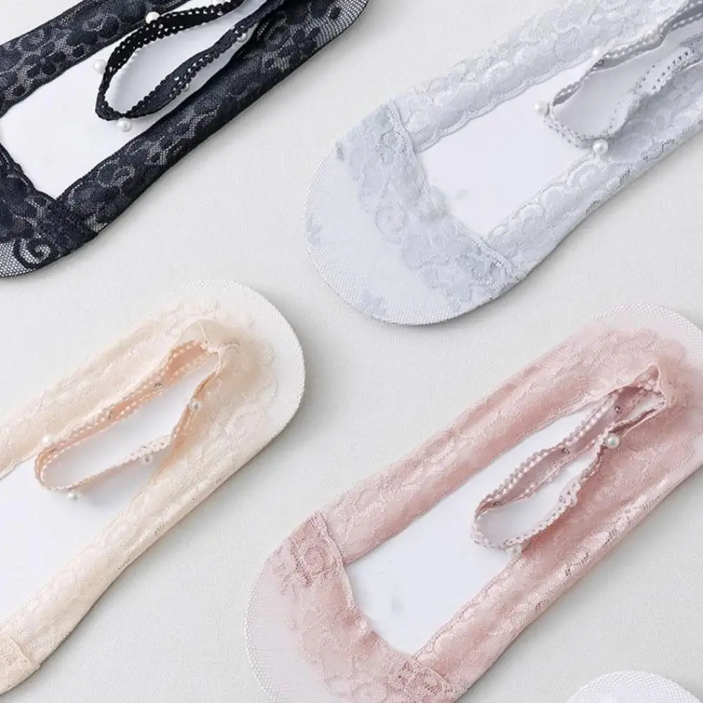 5Pairs Sweet Anti-Slip Pearl Ankle Socks Transparent Mesh Lace Boat Socks Female Hosiery Breathable Invisible Socks Women Lolita