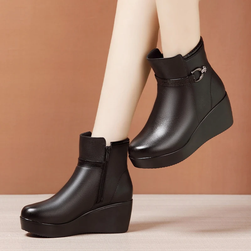 2023 Genuine Leather Warm Winter Boots Shoes Women Ankle Boots Female Wedges Boots Women Boot Platform Shoes