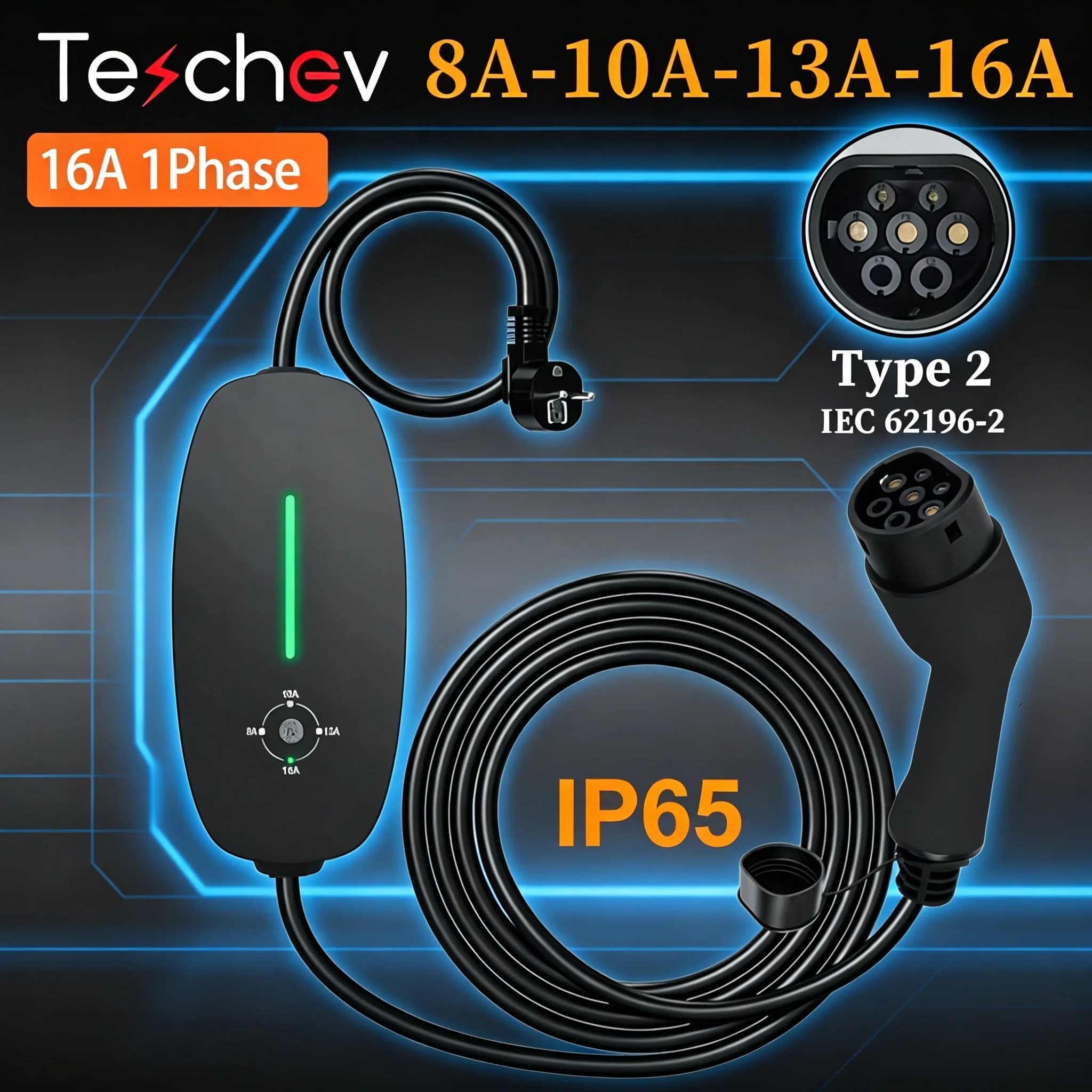 Teschev draagbare EV-oplader 3,5 kW Type 2 EVSE-oplaaddoos niveau 2 J1772 Type 1 oplader 16A autolader voor elektrische auto
