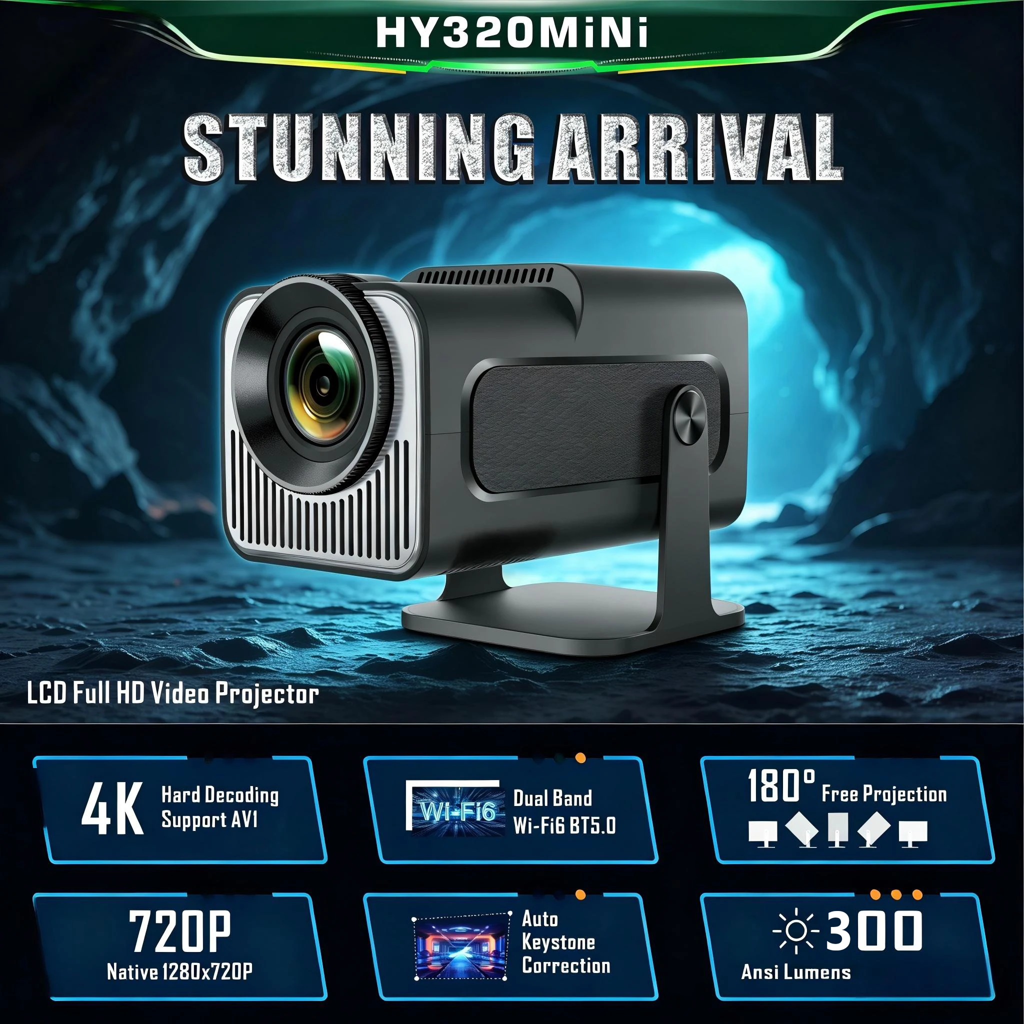 HY320 MINI Projektor LED mit Android 11.0, Heimkino, 300ANSI, 720P, WLAN, Smart TV, HD 1080P, 4K, Filmprojektion