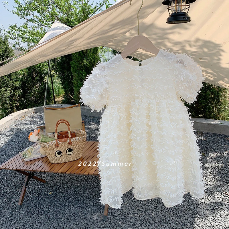 

Baby Girl Fashion Dresses 2022 Summer New Puff Short Sleeve Solid Hollow Out Feather Lace Princess Dress Children's Clothing