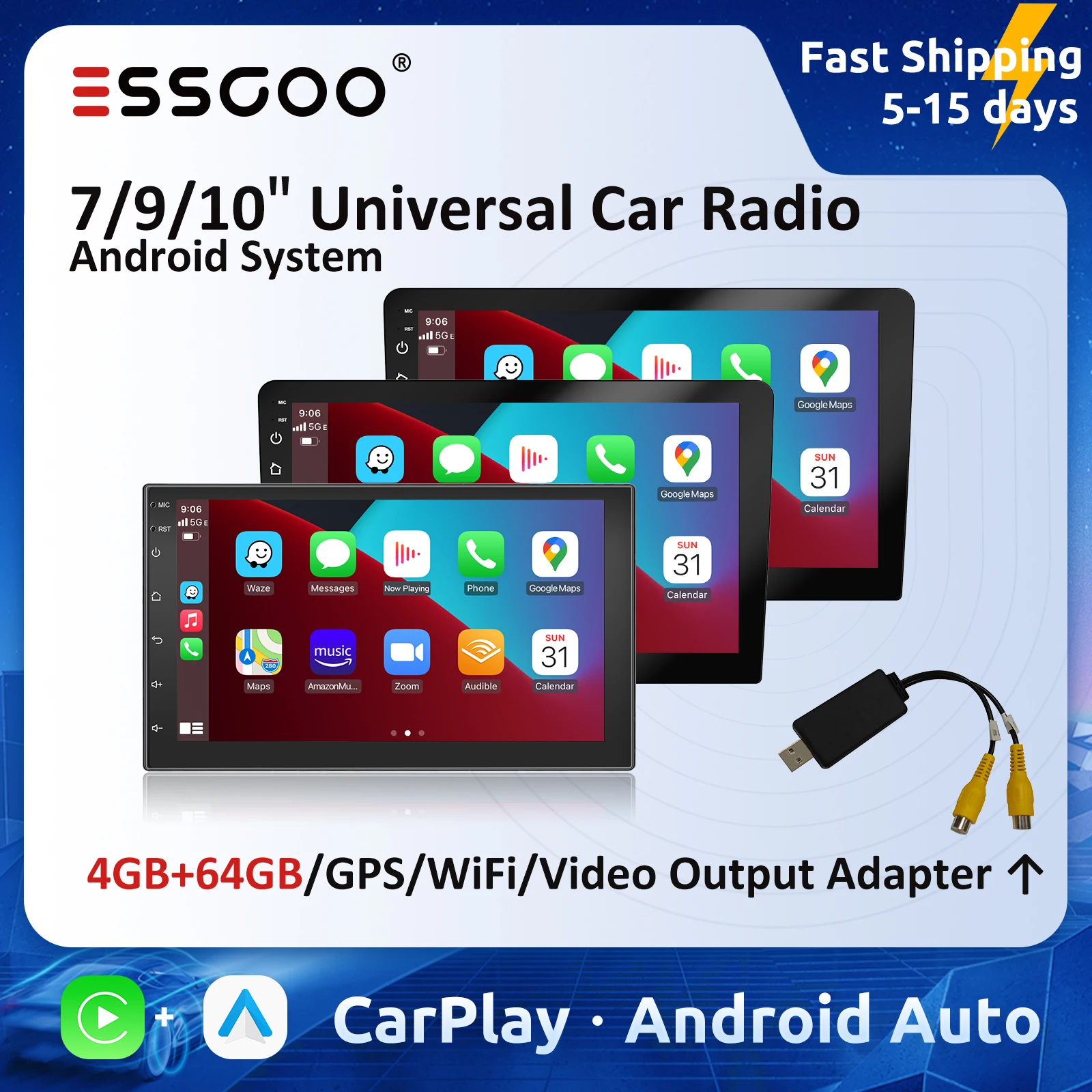 ESSGOO Wireless Carplay Car Radio Android Auto 2 Din Car Stereo Universal 7