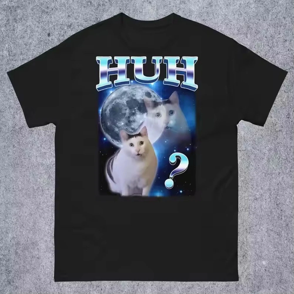 الجديد في الأعلى HUH Fun Dank Cat Meme تي شيرت مطبوع للرجال بأكمام قصيرة ورقبة مستديرة مطبوعة 100% قطن تي شيرت