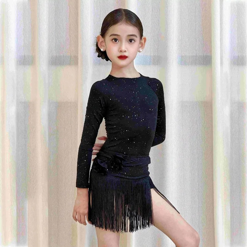 Vestido profesional de baile latino ostentoso para niños, vestido de baile latino con flecos, ropa de baile profesional Samba Chacha