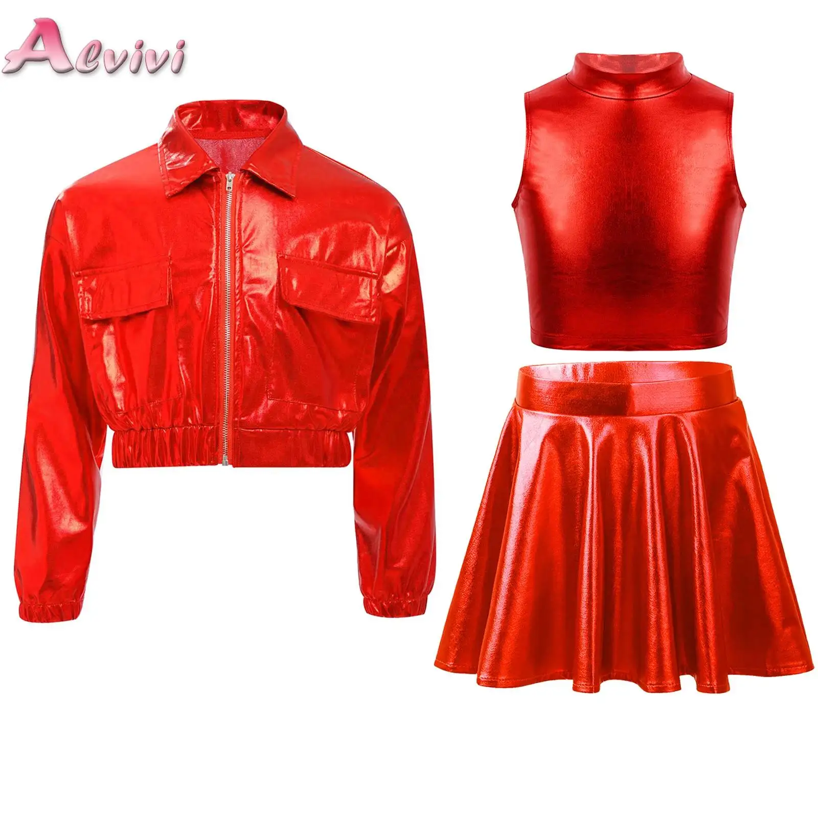 Traje de actuación de baile callejero de Jazz Hip-Hop para niños y niñas, chaqueta atlética de manga larga metálica, abrigo, camisetas sin mangas cortas y conjunto de falda
