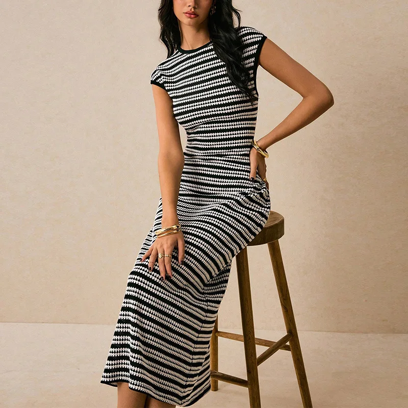 New Style European and American Striped Knitted Dress Sleeveless Slim Fit One Step Skirt Mid Length Women's Clothing