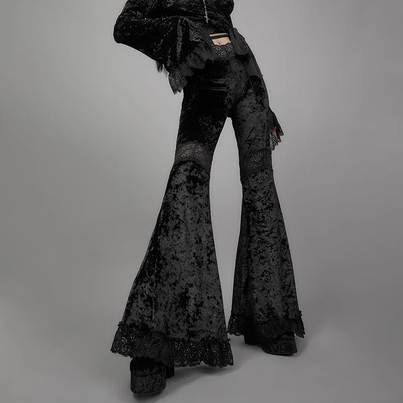 

2024 New Mall Goth High Waist Flared Pants Aesthetic Sexy Lace Patchwork Trousers Women Vintage Elegant Velvet Christmas Pants