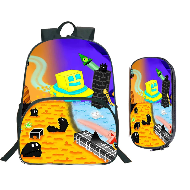 Jogo Geometry Dash Print Mochila com estojo para crianças, mochila dos desenhos animados com raiva, bolsa para laptop de grande capacidade