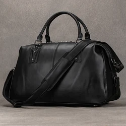 Bolso de viaje de cuero de piel de vaca suave, bolsa de viaje negra, bolsa de equipaje de fin de semana para hombres y mujeres, 50 cm, nuevo diseño de moda