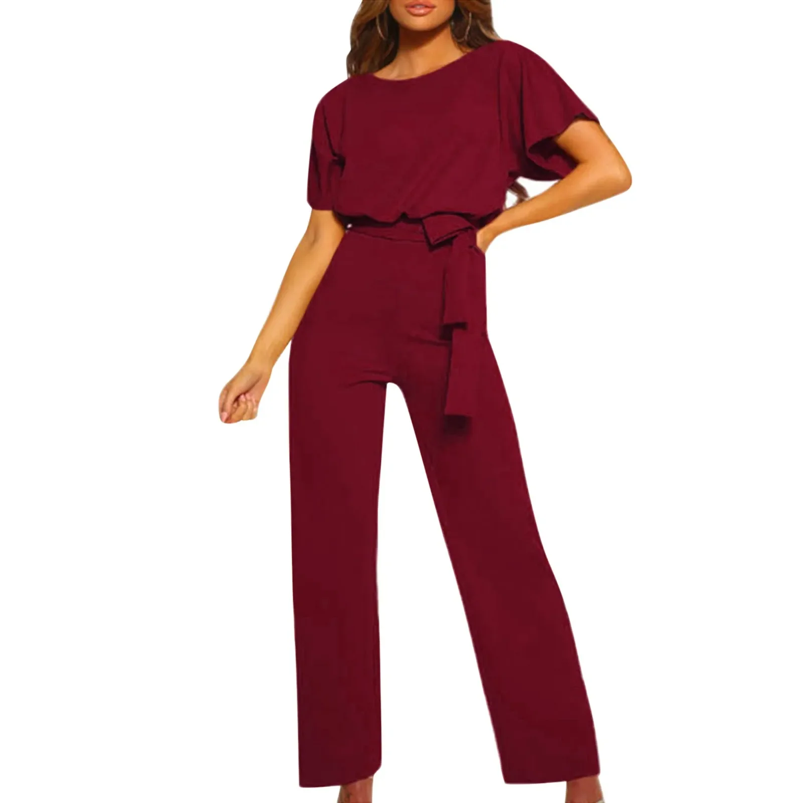 Jumpsuit Met Veters Hoge Taille, Elegante Dames Effen Kleur Romper Met Rechte Benen Mode Jumpsuit Met Korte Mouwen En Ronde Hals Voor Dating