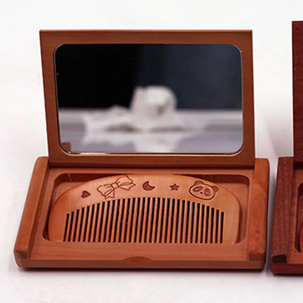 Durable 2 in 1 Wooden Comb Mirror Set Mini Vintage Portable Folding Mirror Carved Design Handheld Makeup Mirror Girl Lady