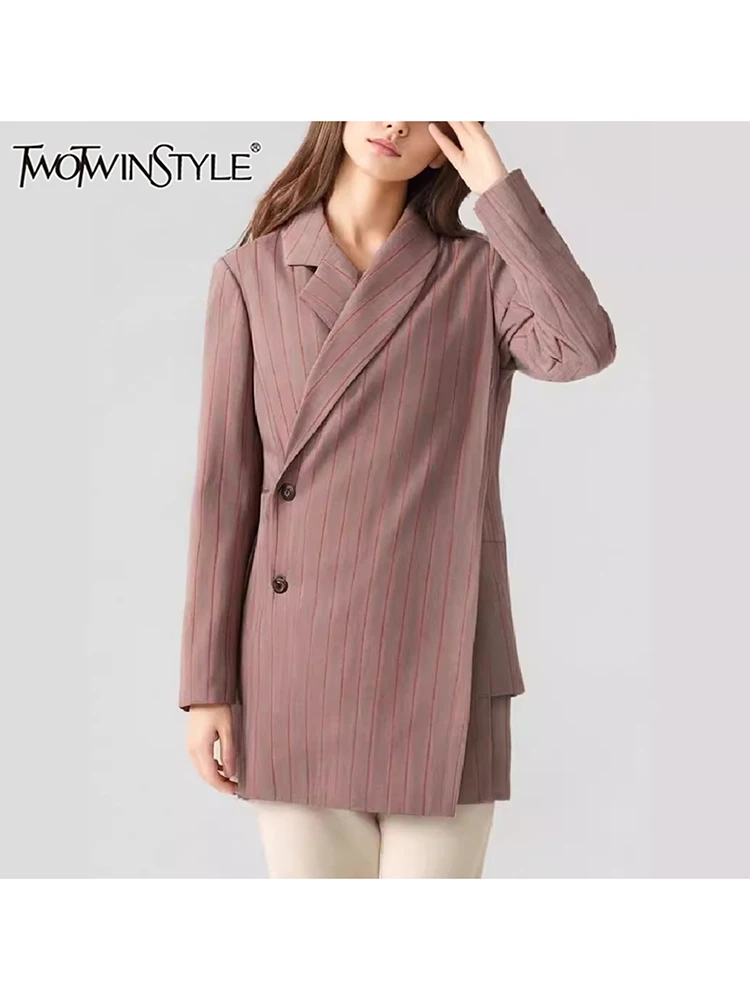 TWOTWINSTYLE Hit Color Striped Printting Casual Blazer For Women Notched Collar Long Sleeve Spliced Single Breasted Coats Female