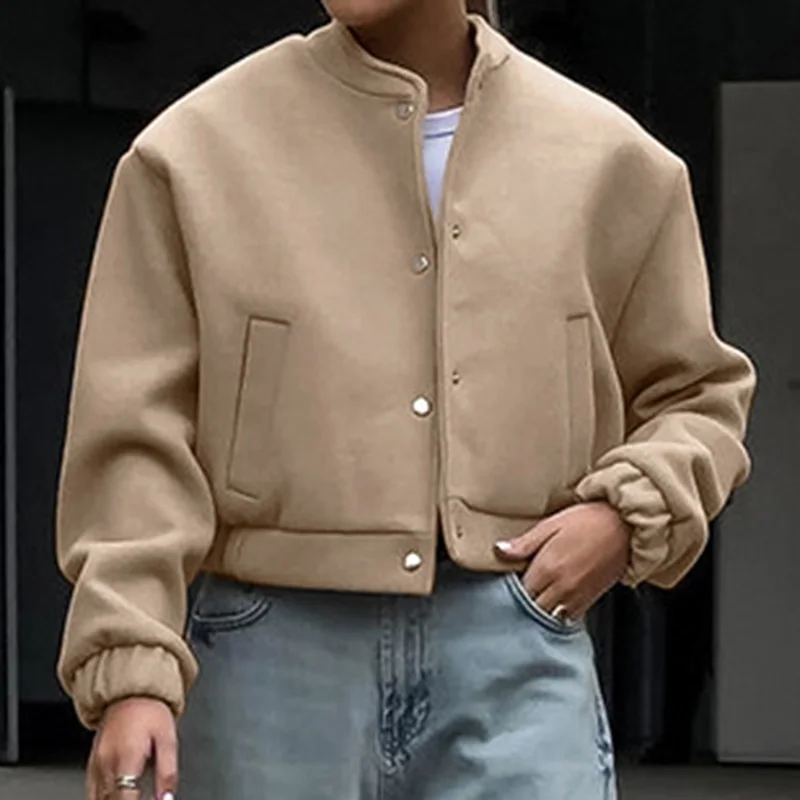 

Long Sleeve Single Breasted Thicken Short Jacket 2025 New Commute Daily Outerwear Women's Stand Collar Bomber Jacket Solid Color