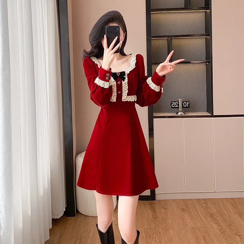 Ofallsis French Red Square Neck Velvet Dress 2024 Women's Autumn Winter Temperament A line New Year's Battle Robe Formal Dress