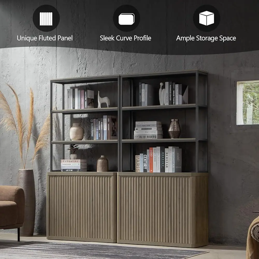 رف كتب مخدد بطول 71 بوصة مع أبواب تخزين، خزانة كتب حديثة من 5 طبقات، أرفف قابلة للتعديل، منظمة منزلية أنيقة #6