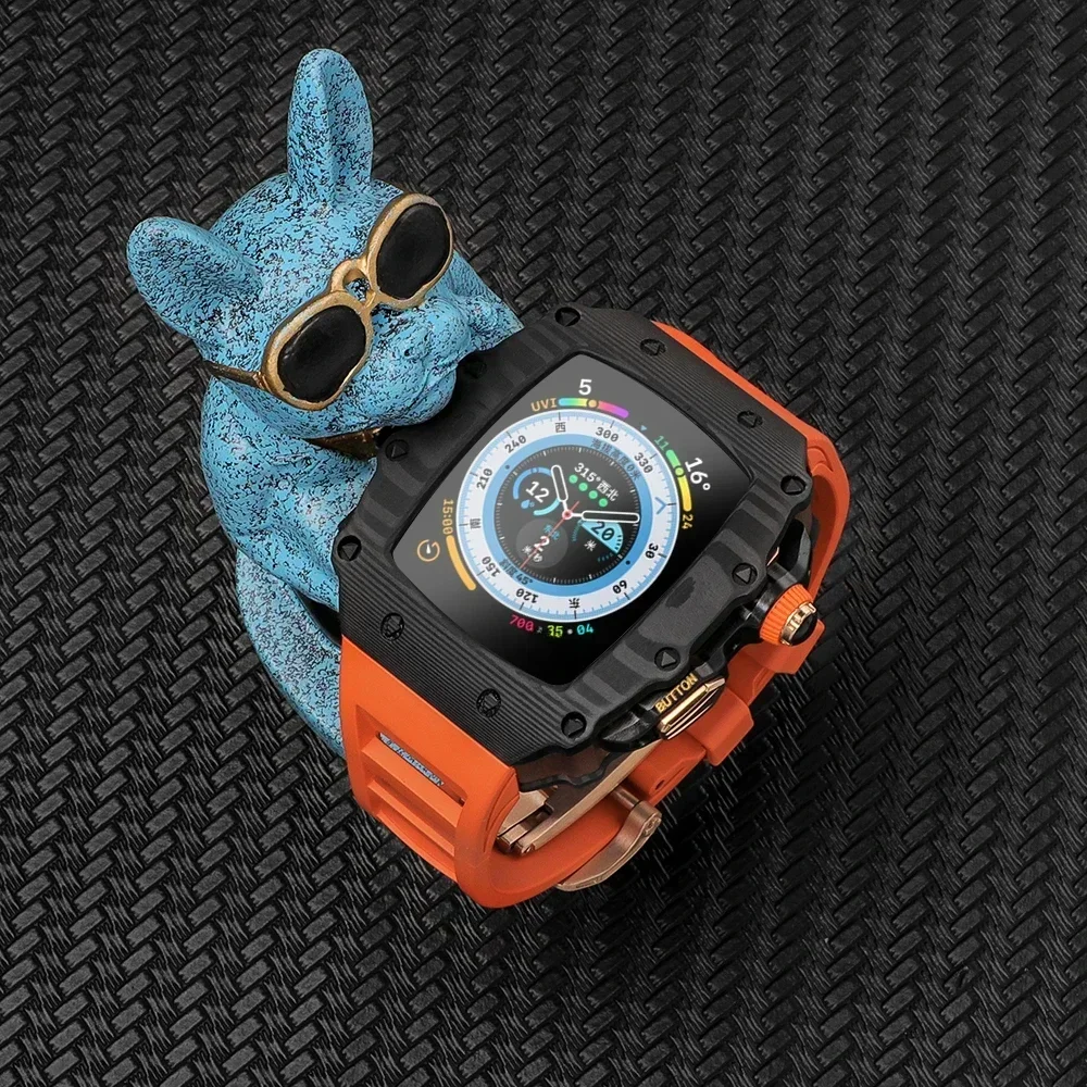 Carbon Fiber Case Luxury Modification Kit for Apple Watch 9 8 7 Band 45mm 44mm Carbon Bezel rubber Strap Iwatch 9 8 6 7 SE 5 Mod