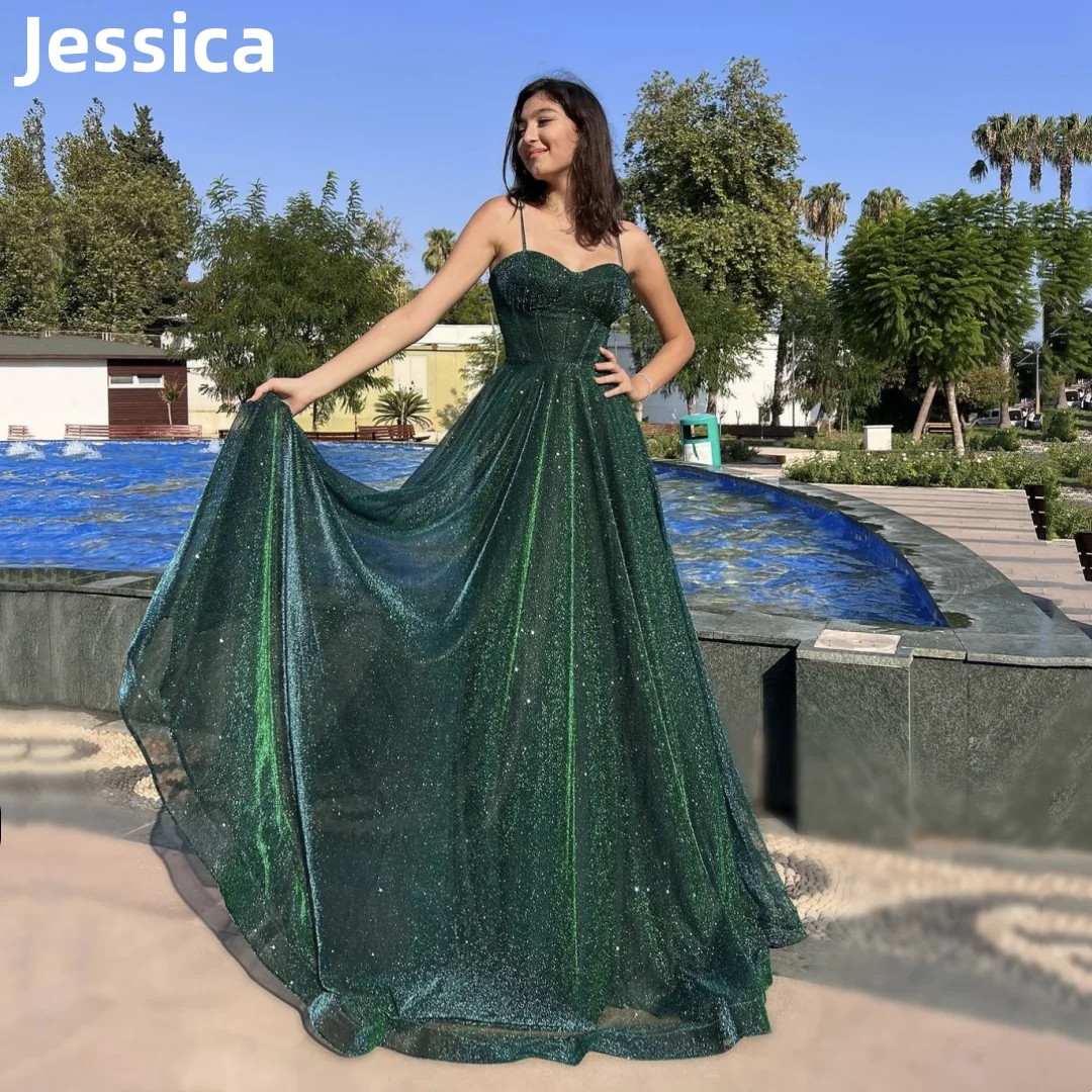 Jessica Green Flash Prom Dresses A-line Spaghetti Straps Prom Dress 2024 Vestidos De Fiesta Princess Graduate Party Dresses