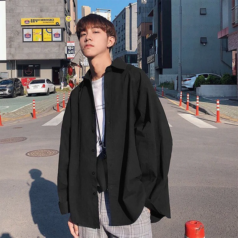 Summer Loose Long Sleeve Men Casual Shirt White Black Fashion Student Harajuku Oversize Couple Coat Unisex Office Work Interview