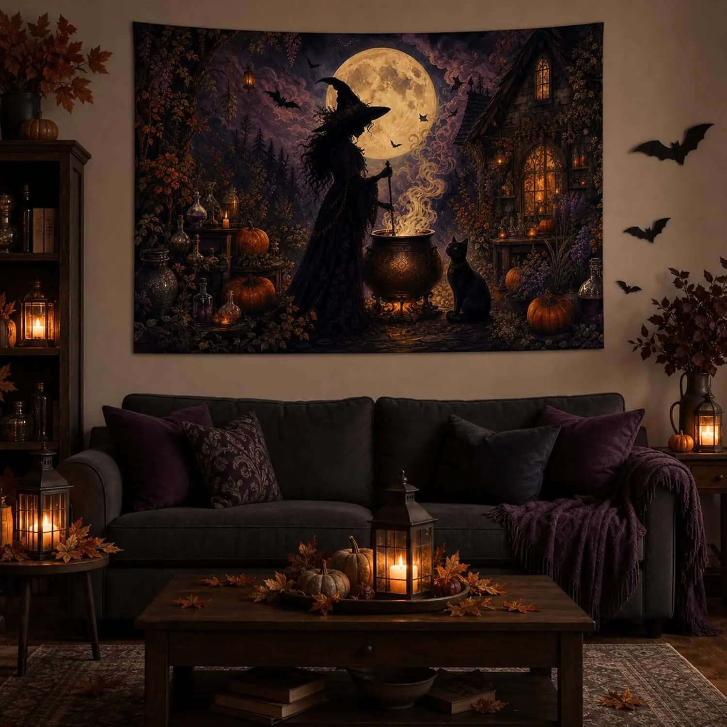 Gothic Halloween Tapestry, Witch Stirring Cauldron Full Moon Pumpkin Wall Hanging, Nice Spooky Festive Background Cloth Decor