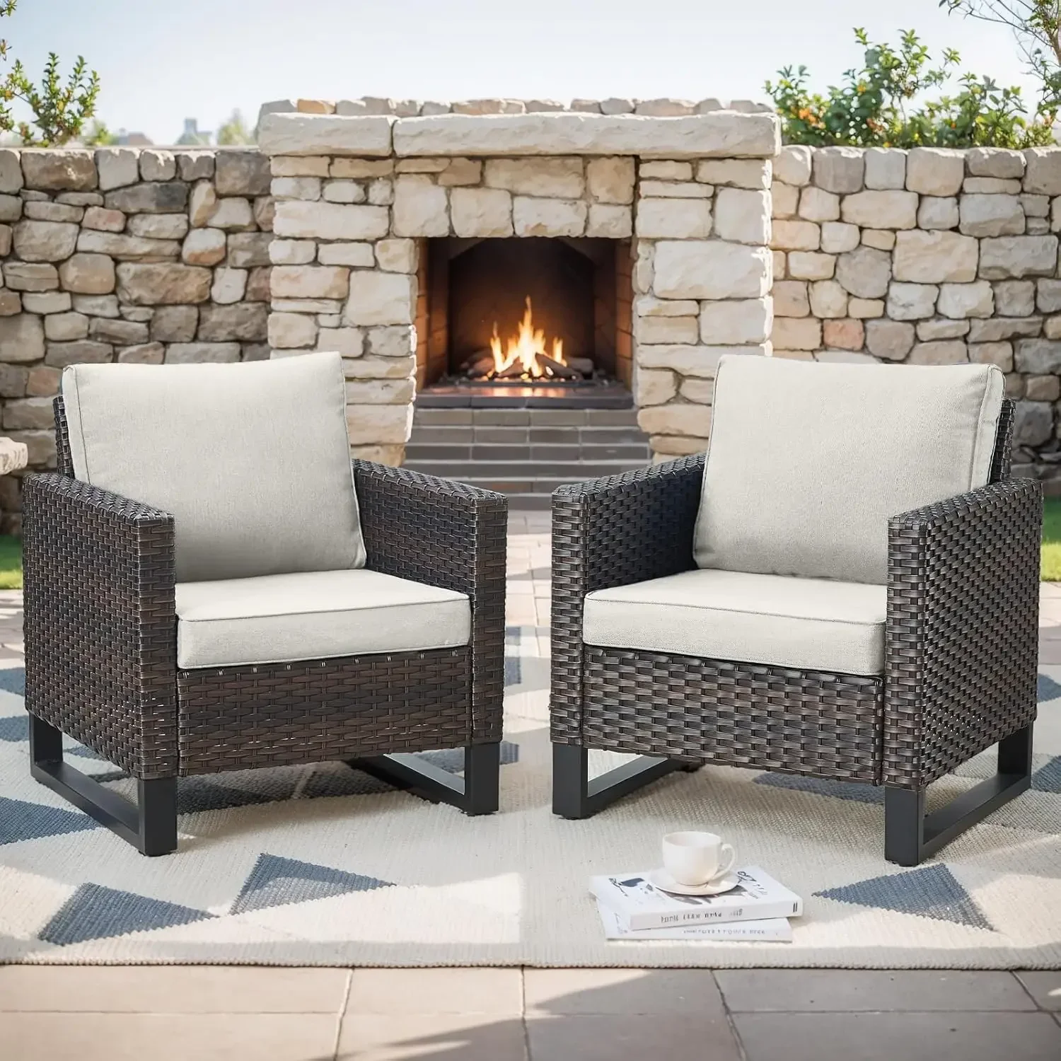 

2-Piece Patio Chair Set: PE Wicker Outdoor Seating with Cushions, Brown/Beige, for Deck, Porch, Balcony, Garden