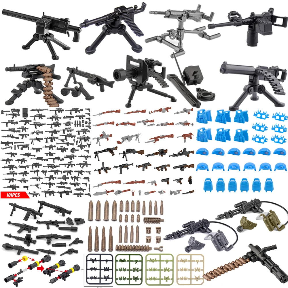 Military Accessories US Germany Soldier Figure Building Block M1919A4 Heavy Machine Gun Gatling MG34 Weapon Bricks Toy Kids J098