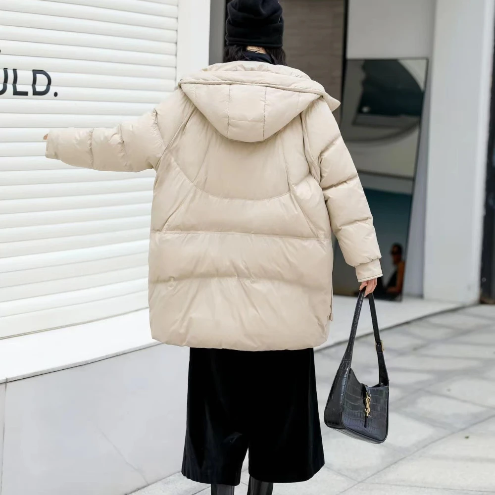 Hooded Puffer Jacket for Women, Thick Warm Overcoat, White Duck Down, Loose, Large Size, Long, Winter, New, 2024