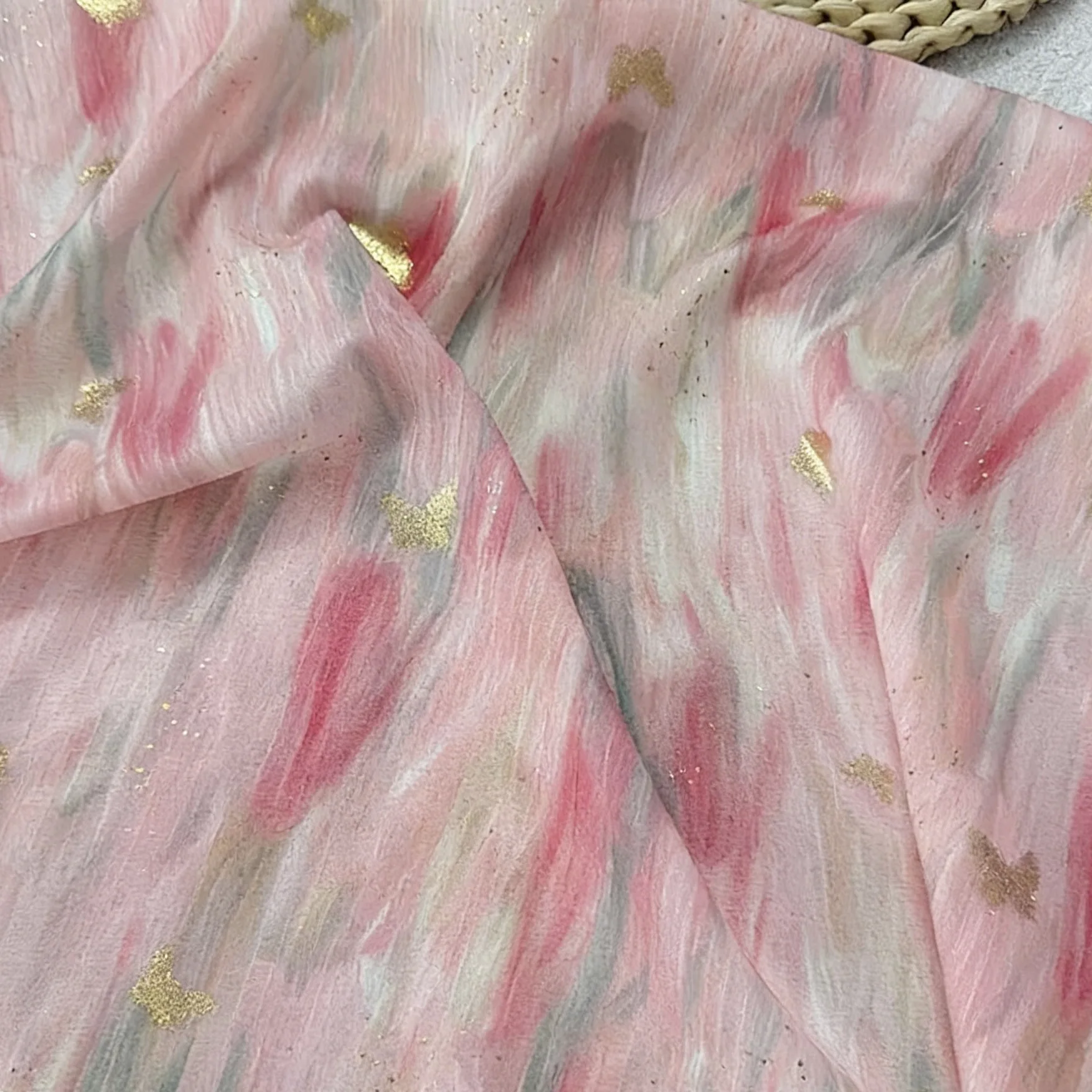 100% Polyester Silky Look Fabric, Gradient Dye Gold Foil Butterfly Cloth, DIY Sewing Material for Girls & Women Dress