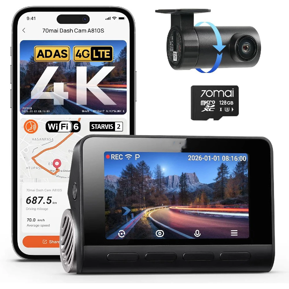 4K Cam Front and Rear Loop Recording Voice Control 24H Parking Mode GPS AI Motion Detection 4G LTE Remote Access Camera