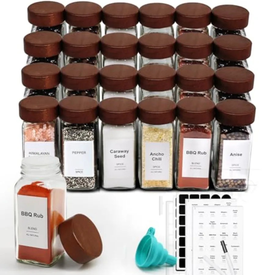 

24 Pcs Spice Jars, 4oz Seasoning Containers with Acacia Wood Shaker Lids, Glass Spice Bottles with Labels, Square Seasoning Org