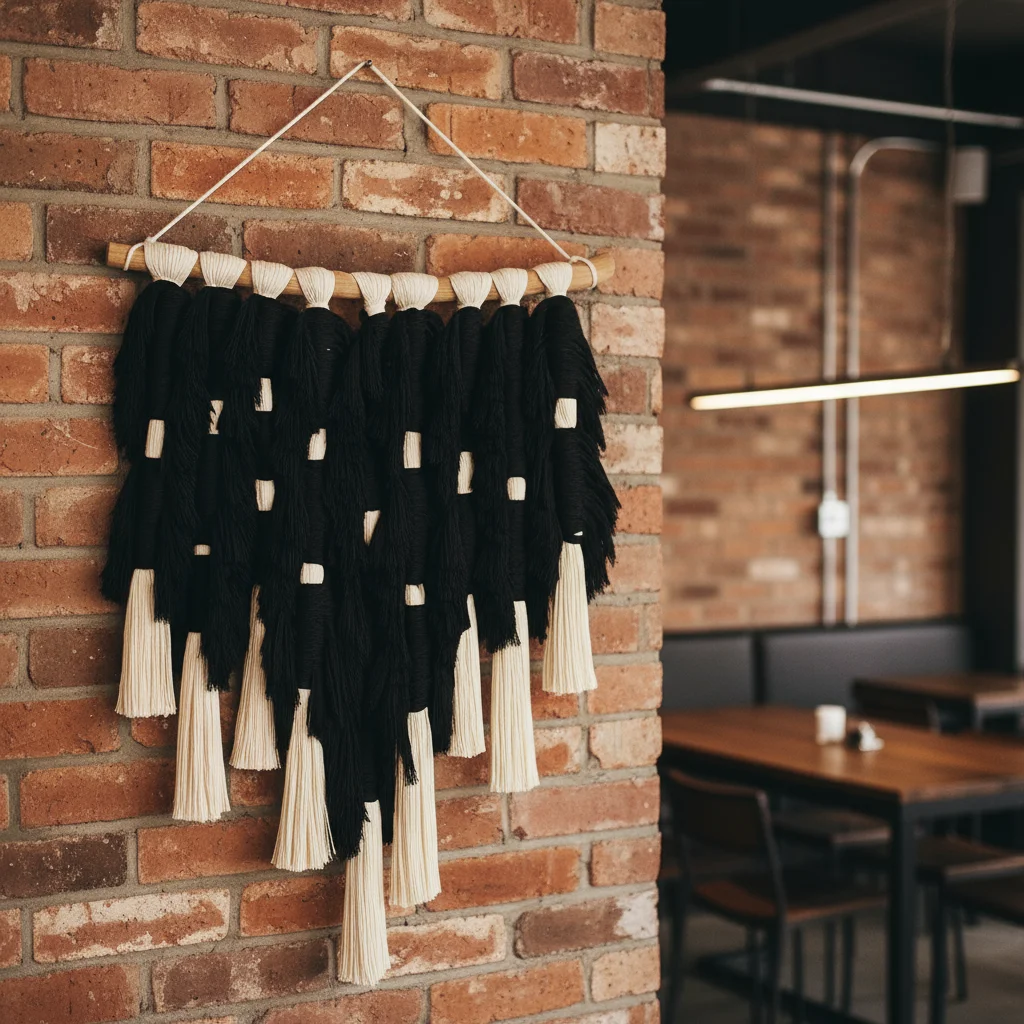 #￥Black Textural Fiber Woven Cotton Macrame Rug Art Deco Vertical Modern Farmhouse Style Wedding Anniversary Restaurant Hotel