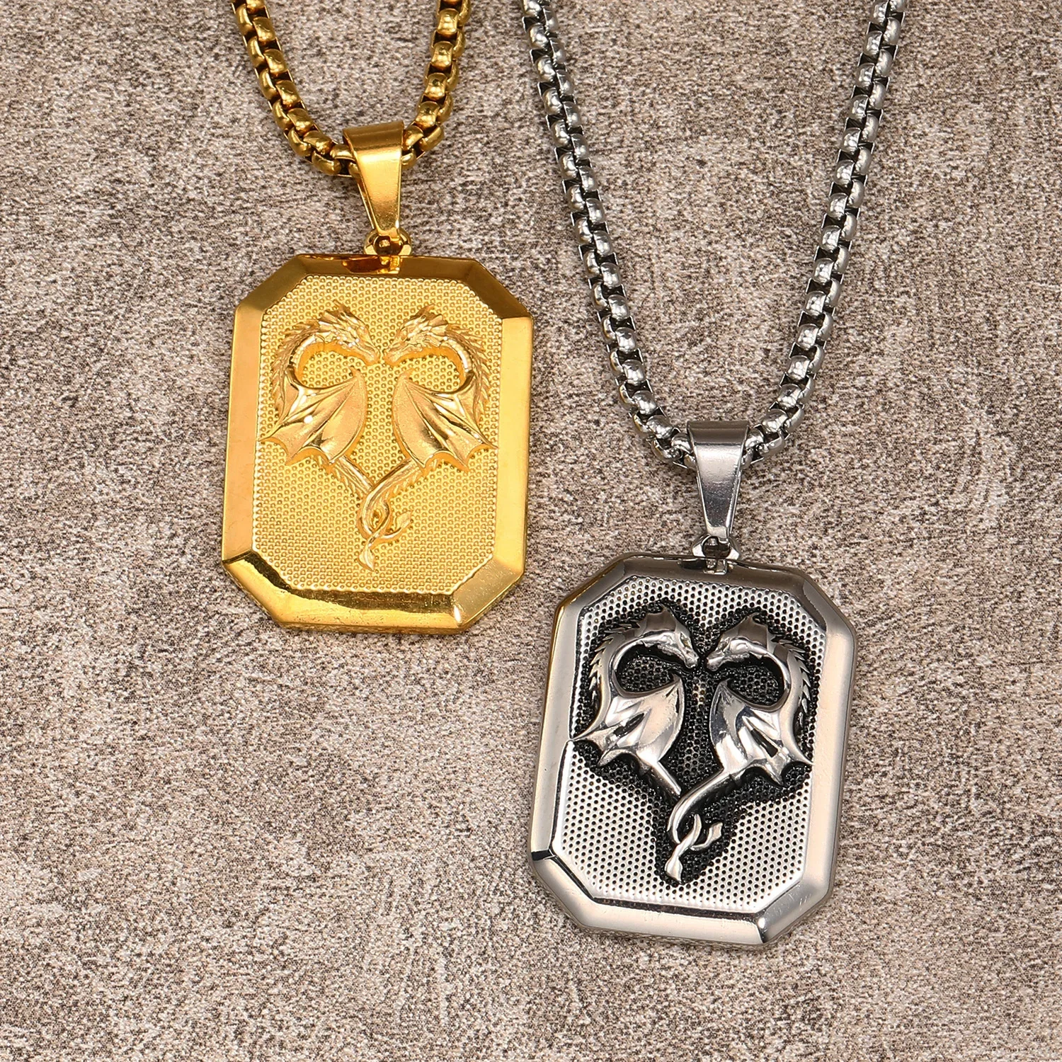 

Retro fashion street trend square sign double dragon stainless steel pendant Men's Necklace Chains