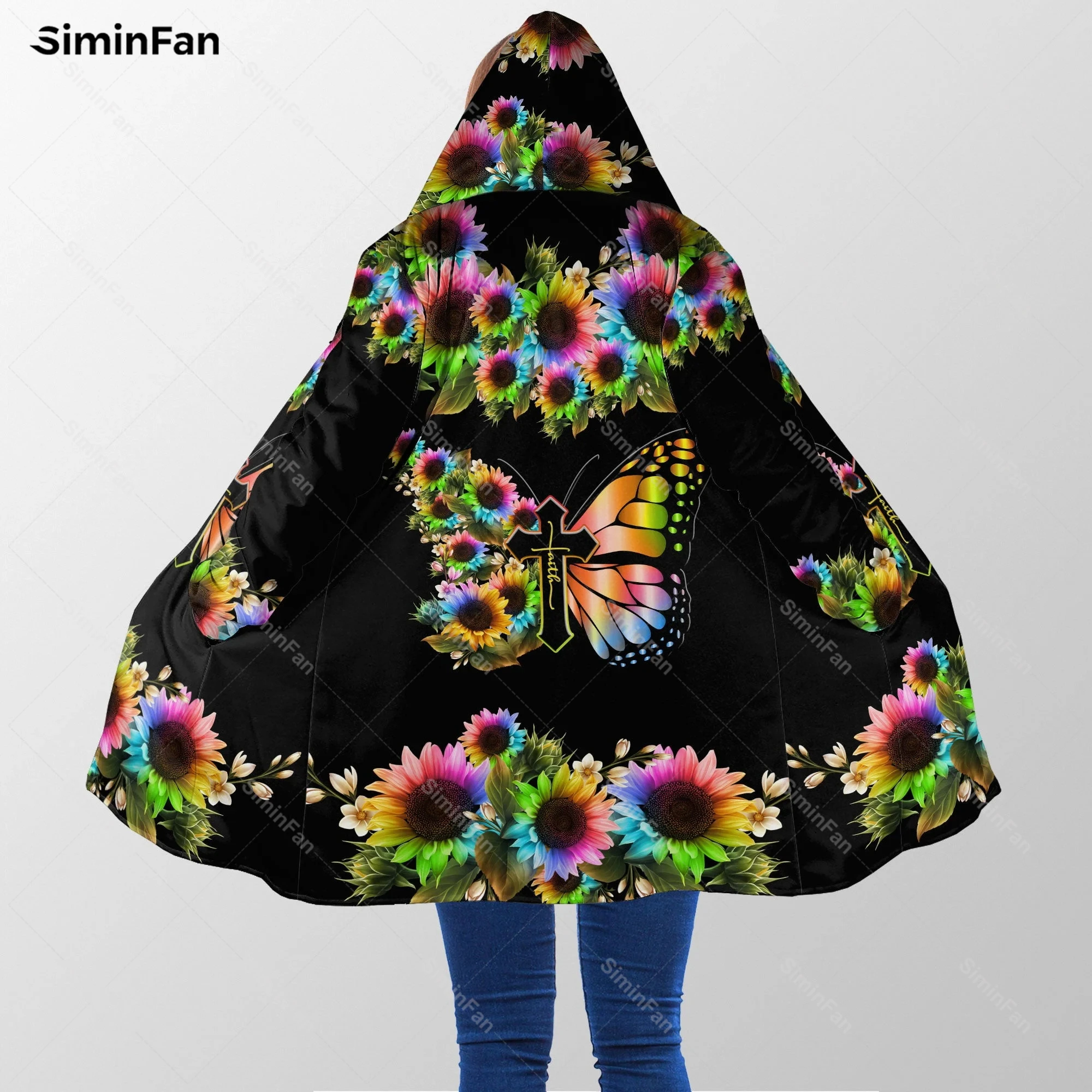 

Beautiful Butterfly 3D Printed Thick Warm Hooded Cloak Men Fleece Cape Robe Overcoat Unisex Female Winter Windproof Windbreaker