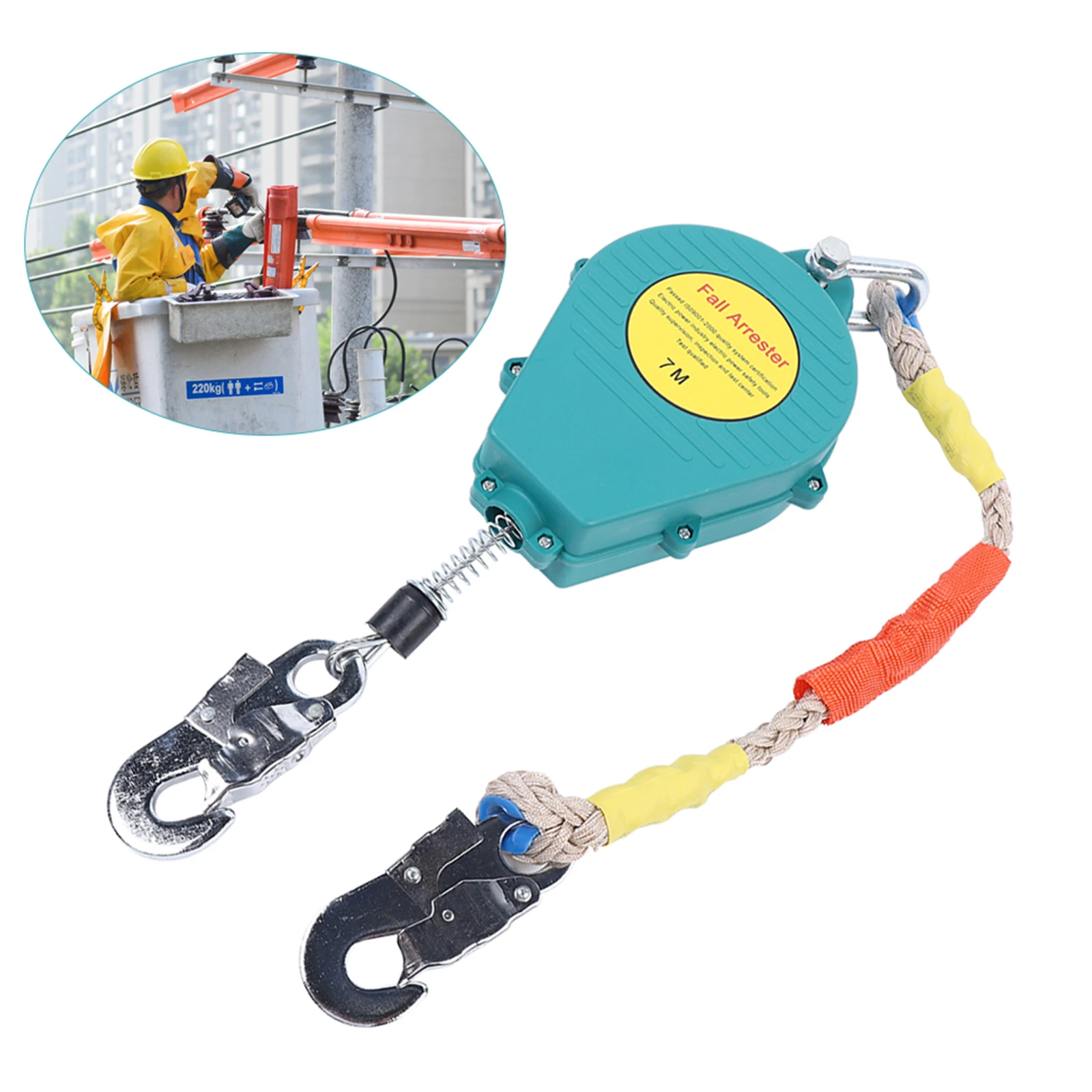 Self Retracting Lifeline Arrester, Fall Protection, Alloy Hook, Steel Wire Rope, 23ft (7m), 330lbs