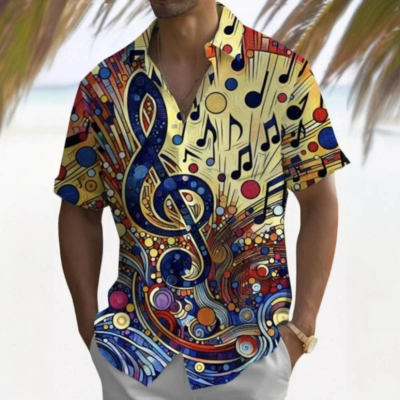 3d Music Symbol Print Hawaiian Shirts For Men Short Sleeve Shirt Summer Beach Casual Man Clothing Loose Oversized Men Shirt Tops