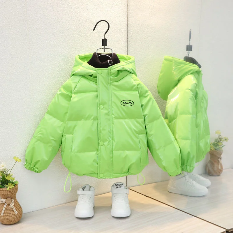 Fashion New Girl Boy Outerwear Winter Warm Thicken Down Jackets Baby Shiny Letter Print Coats Kids Clothing Hooded Padded Jacket