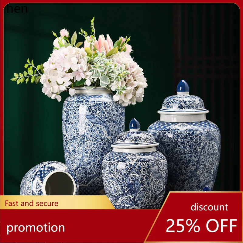 YFY  ceramic blue and white porcelain vase - classic wide-bellied jar - home decor ornament - flower arrangement
