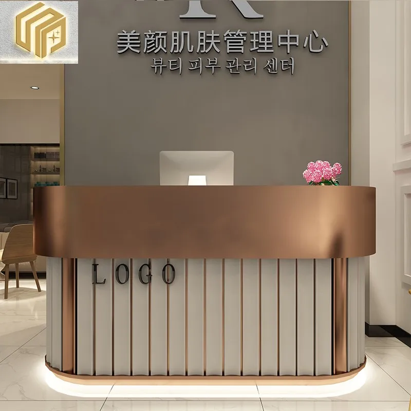 

Modern minimalist company front desk beauty salon, bar counter, small shop, cash register, homestay hotel reception counter, cus