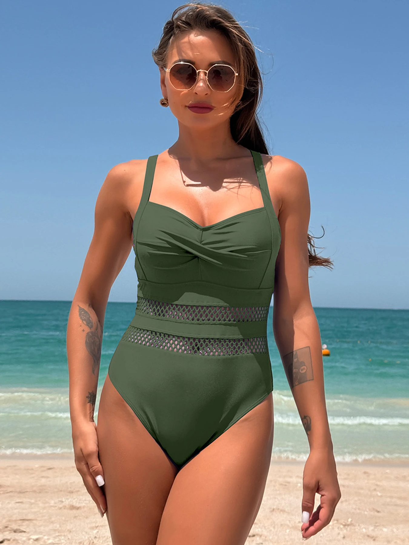 2024 New Solid One Piece Swimsuit For Women Sexy Mesh Patchwork Swimwear Female Bodysuit Monokini Cross Backless Bathing Suit XL